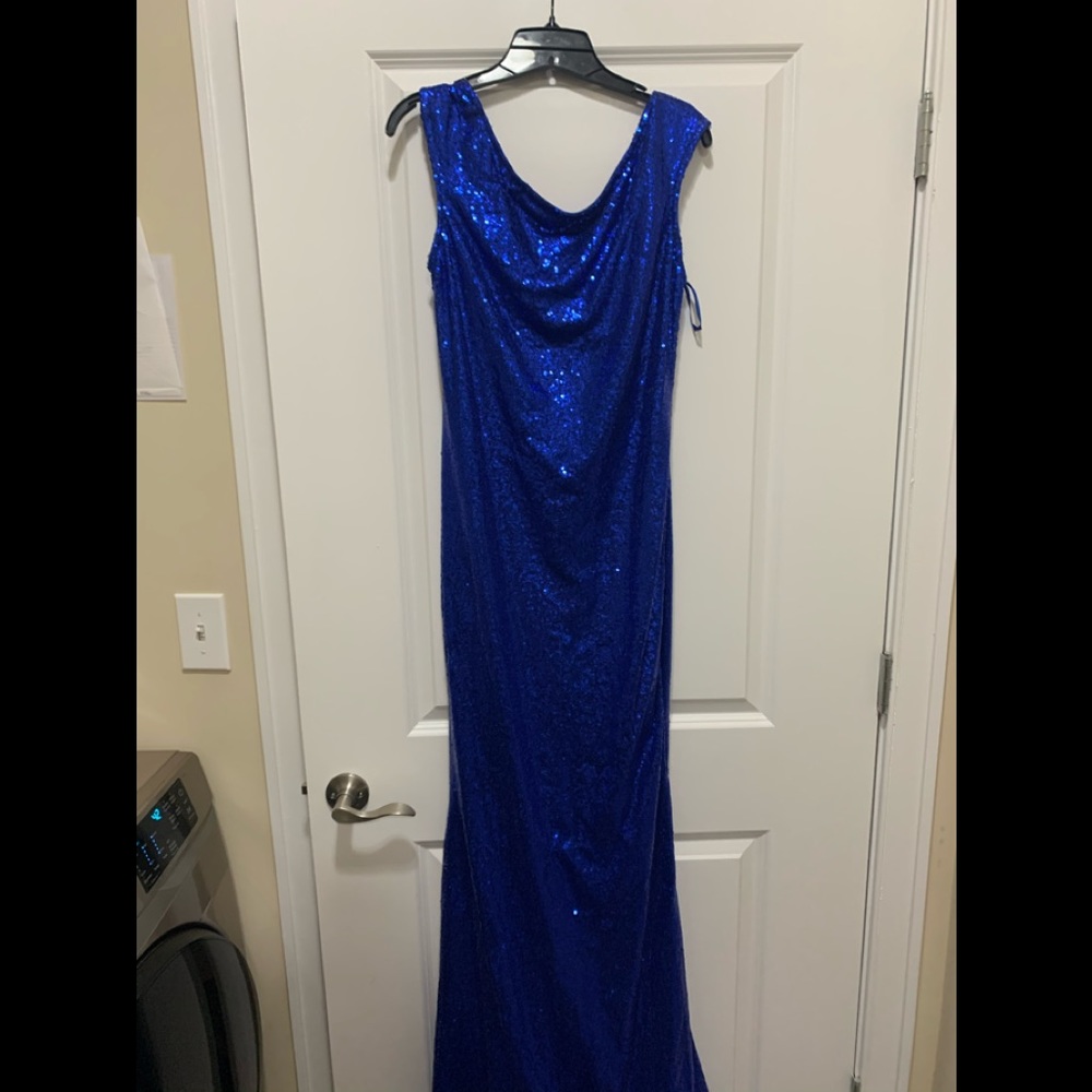 Blue sequence hi low dress with train